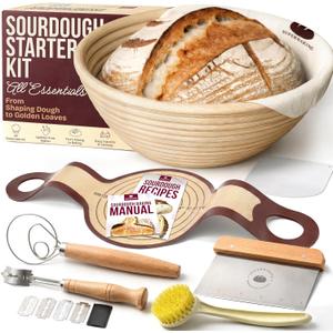 Superbaking Sourdough Starter Kit, 9" Round Banneton Bread Proofing Basket Set, Sourdough Bread Baking Supplies, Sourdough Tools with Silicone Bread Sling, Bread Making Tools, Baking Gifts