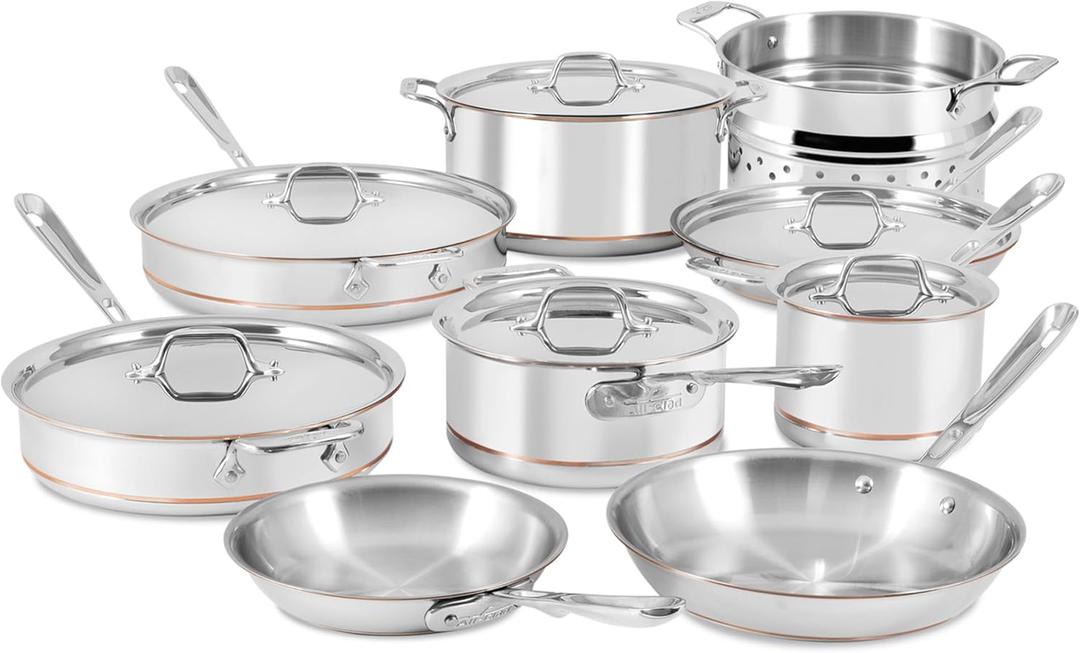 All-Clad Copper Core 5 Ply Stainless Steel Cookware Set 15 Piece, Oven Broiler Safe 600F, Cookware, Stockpot, Pots and Pans Set, Silver
