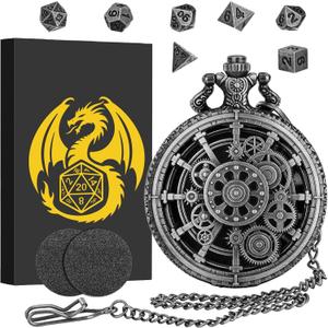 Mini DND Dice Set with Steampunk Dark Silver Hollow Gear Pocket Watch Shell Case, 7pcs Polyhedral Metal D&D Dice, DND Gifts with Gift Box for DND Lovers, Role Playing Board Games Accessories