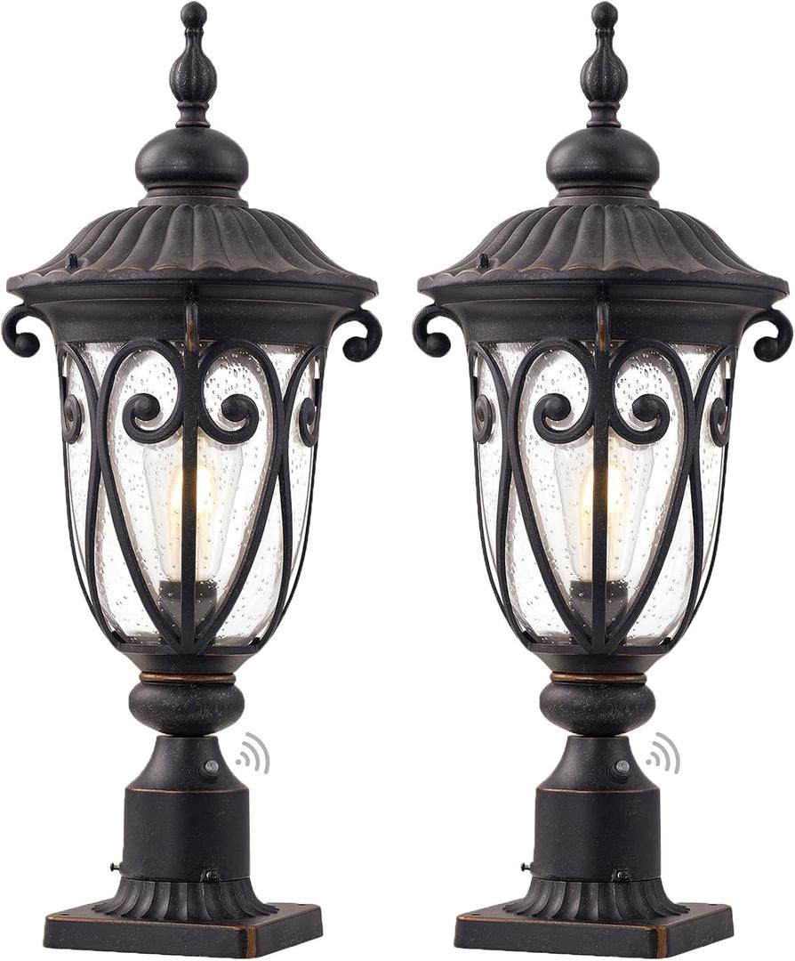 Dusk to Dawn Outdoor Post Light Fixture, 24in High Bronze Post Lantern with Pier Mount, Exterior Pole Lighting with Seeded Glass for Yard, Garden, Patio and Pathway, 2 Pack, LMMS0519-M-2P