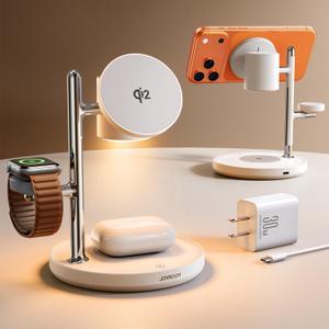15W MagSafe for JOYROOM, Fast Qi2 Certified 4-in-1 MagSafe Charging Station for Apple, Wireless Charger for iPhone 17/16/15 Pro Max, Pixel 10/9, iWatch, AirPods 4/3/2/Pro(Cable& 30W Adapter Included)
