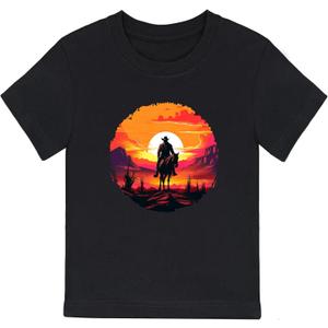 Cowboy Shirts for Boys Vintage Western Style Denim Graphic Cotton Crew Neck T-Shirt Size: 2-7 Years (US, Age, 5 Years, 6 Years, Black Cowboy Sunset)
