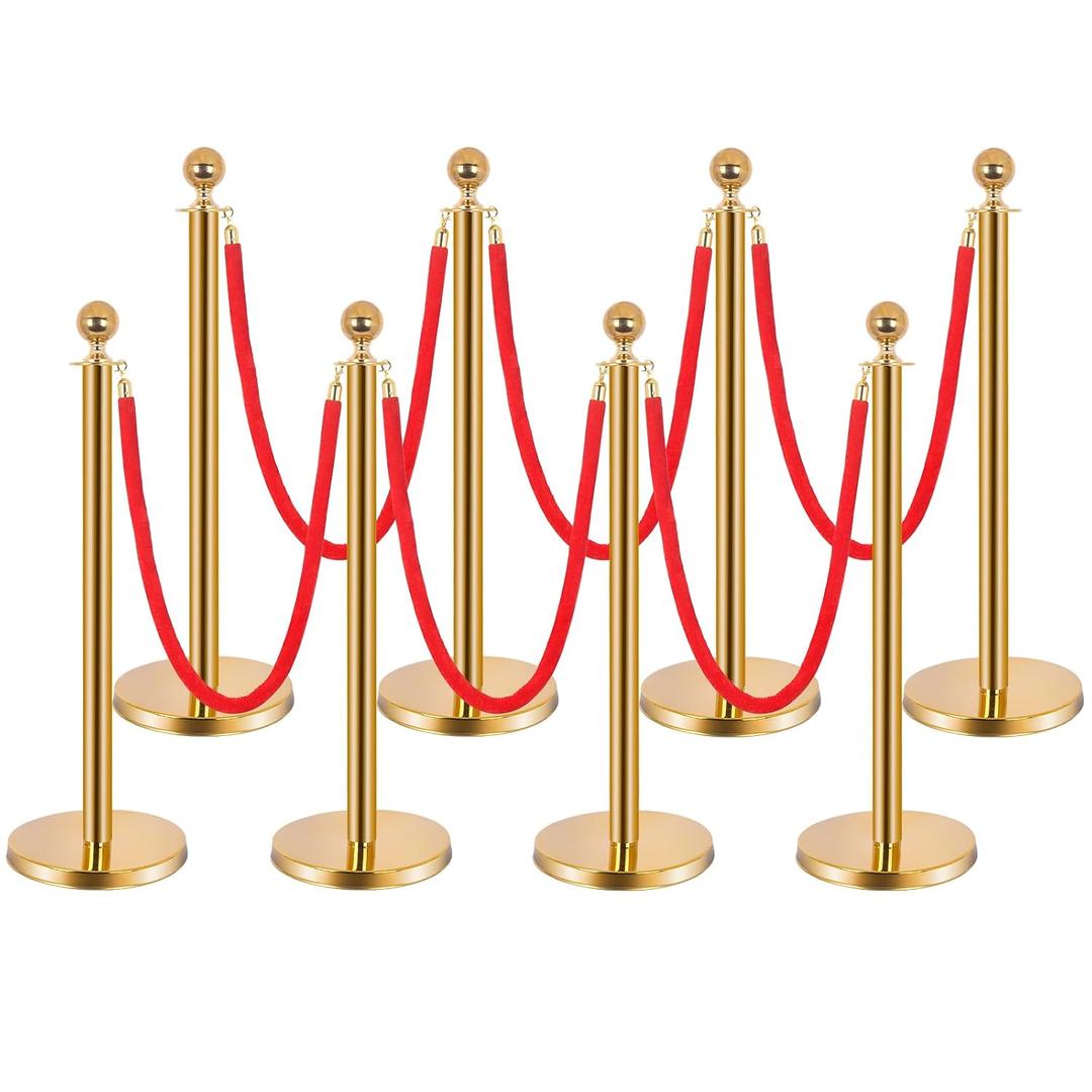 8-Pack Stainless Steel Stanchions and Velvet Ropes (6 Red 5ft), Sand-Filled Crowd Control Barriers for Weddings, Exhibitions, Events(Gold)