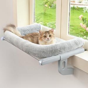 Zoratoo Cat Window Sill Perch with Large Bolster, Easy to Adjust & Assemble Cat Window Seat for Windowsill & Bedside, Pet Hammock Bed for Large Cats and Kittens (Grey, M)