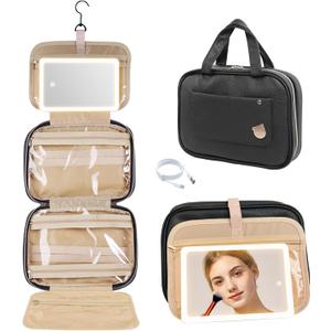 FENCHILIN Travel Toiletry Bag with Hanging Hook Large Capacity Makeup Organizer Bag with Lighted Makeup Mirror Organizer for Accessories, Shampoo, Toiletries