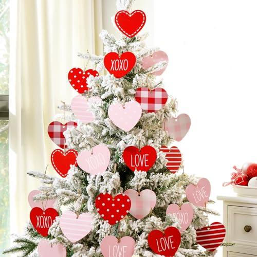 Valentines Day Decor Tree Decorations: 24pcs Large Red Pink White Heart Tree Ornaments, Cute Wood Valentine Heart Hanging Decorations for Home Office Wedding Dinner Gifts Table Wall Door Décor