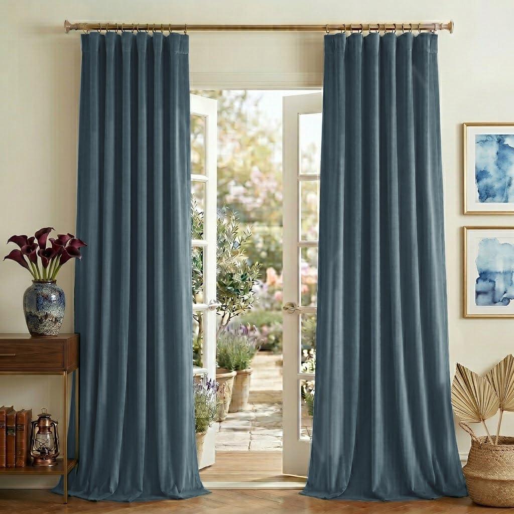 NICETOWN Slate Blue Velvet Curtains 108 inch Long 52 inch Wide 2 Panels, Back Tab Rod Pocket with Pleat Tape Blackout Window Treatment for Living Room and Bedroom, Extra Long Luxurious Drapes