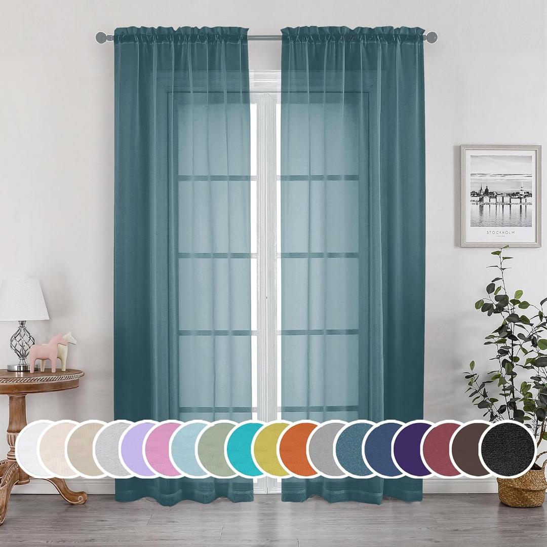 OWENIE Teal Sheer Curtains 84 inches Long 2 Panels Set, Light Filtering Rod Pocket Fimly Sheer Curtains with Soft Touch for Bedroom Living Room, Dusty Blue Farmhouse Curtains, Each 42Wx84L inch
