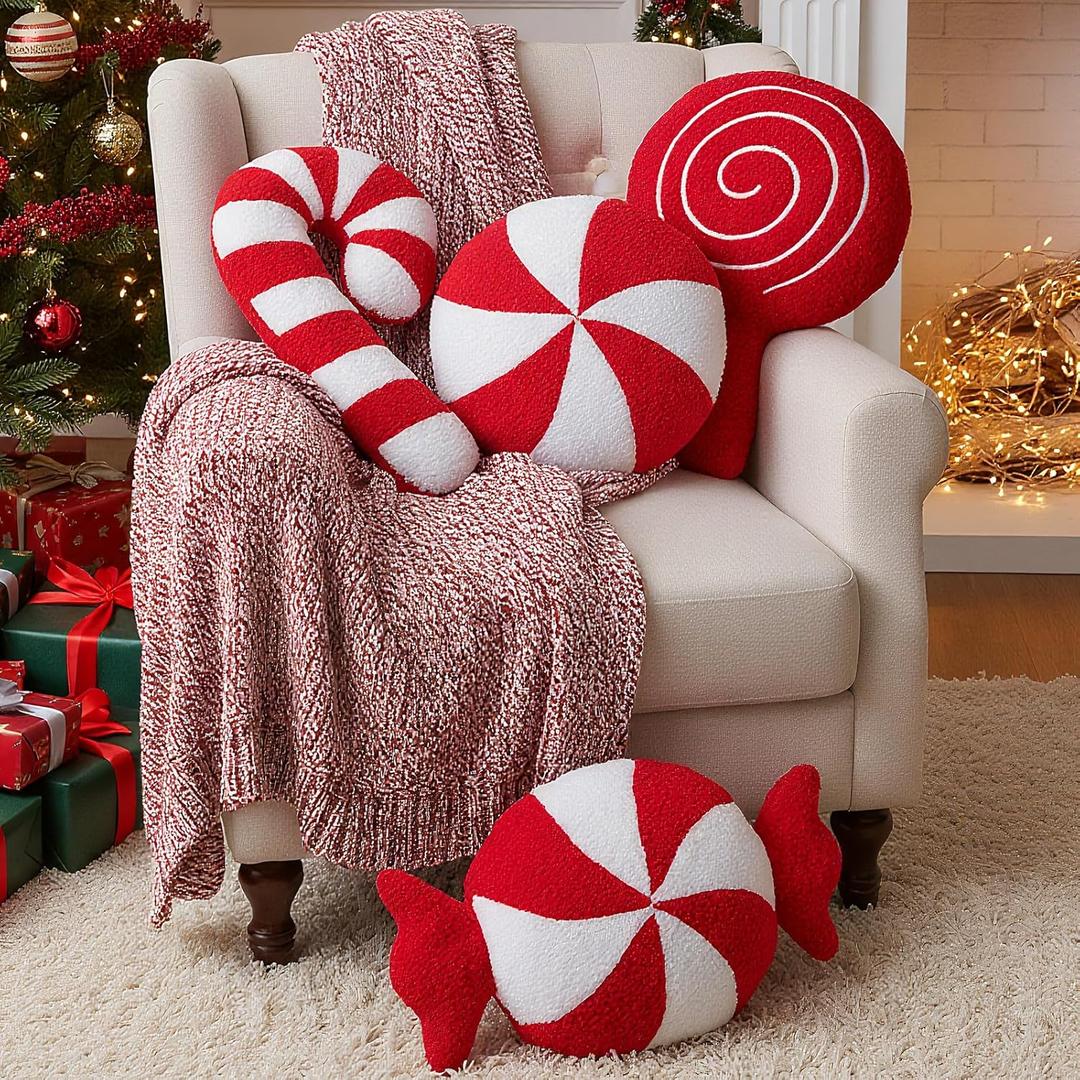 4 Pack Christmas Candy Shaped Pillows Xmas Decorative Cushions Candy Cane Throw Pillows Red White Peppermint Cushion Winter Home Couch Sofa Bedroom Decoration Gift 10-14 Inch