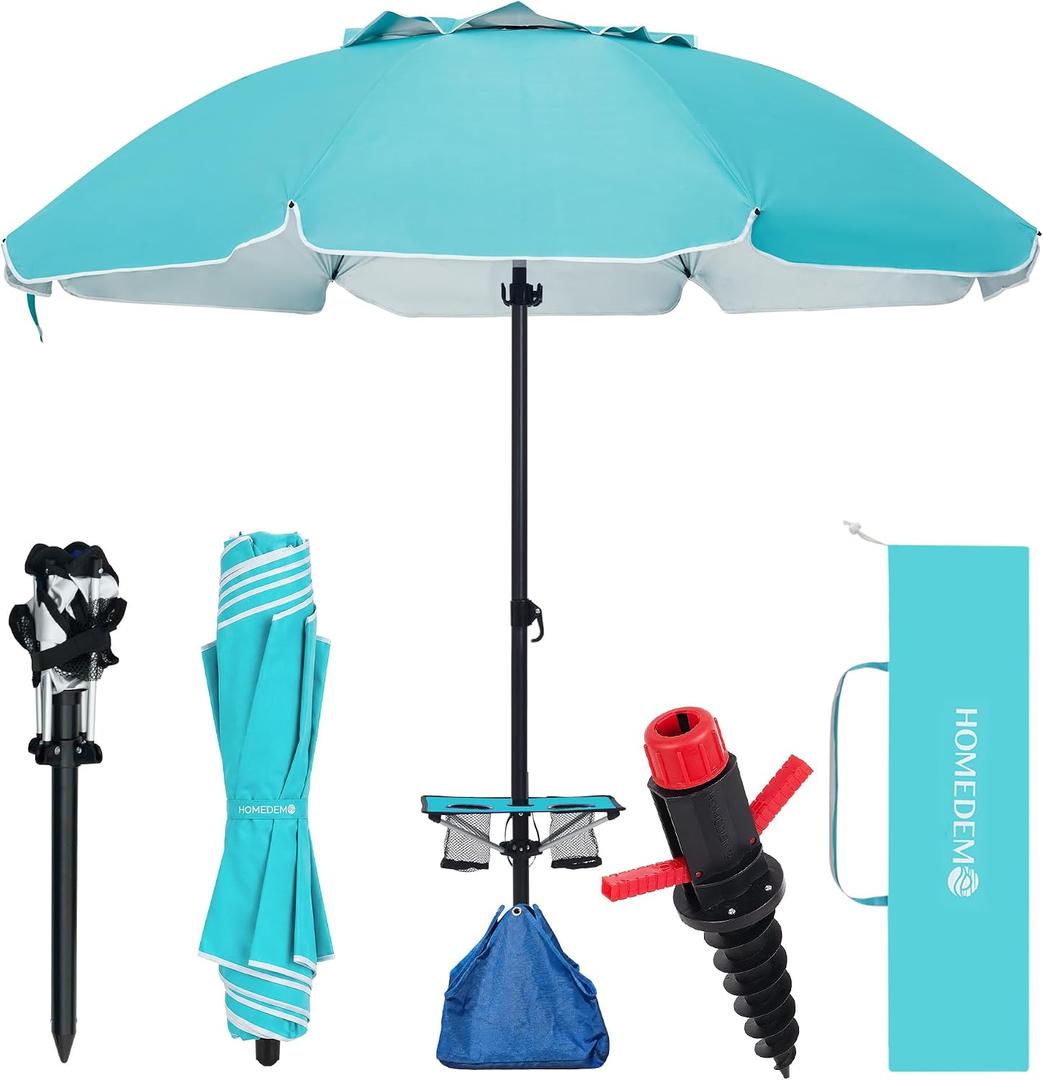 HOMEDEMO 8FT Large Beach Umbrella with Weight Bag & Sand Anchor, Outdoor Umbrellas with Adjustable Aluminum Pole and Table, Heavy Duty Windproof & UPF 50+