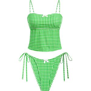 seamoly Women's Tankini Sets Sexy Open Back Two Piece Swimsuit High Cut Side Tie Thong Bathing Suit Floral Gingham Bikini (Large)