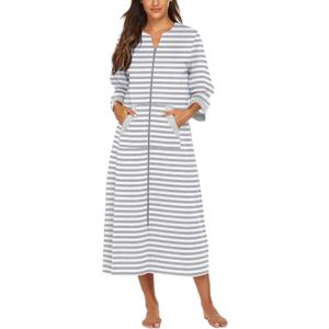 Ekouaer Women Zipper Robe 3/4 Sleeves Loungewear Dress Full Length Sleepwear Pockets Housecoat Nightgown Long Bathrobe (Medium, Grey White Stripe)