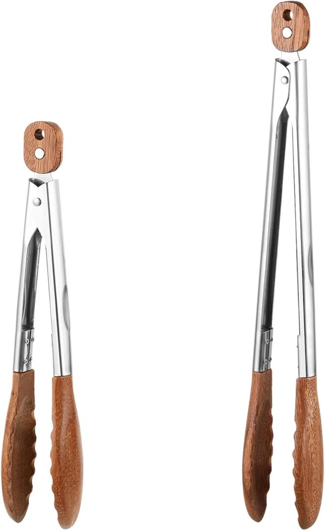 2 Pcs Walnut Wooden Kitchen Tongs with Wooden Tips, Kitchen Tongs Salad Tongs for Cooking-Stainless Steel Handle-Nonstick Cooking Tongs,Wooden Tongs Kitchen for Salad, Serving Food, Grilling