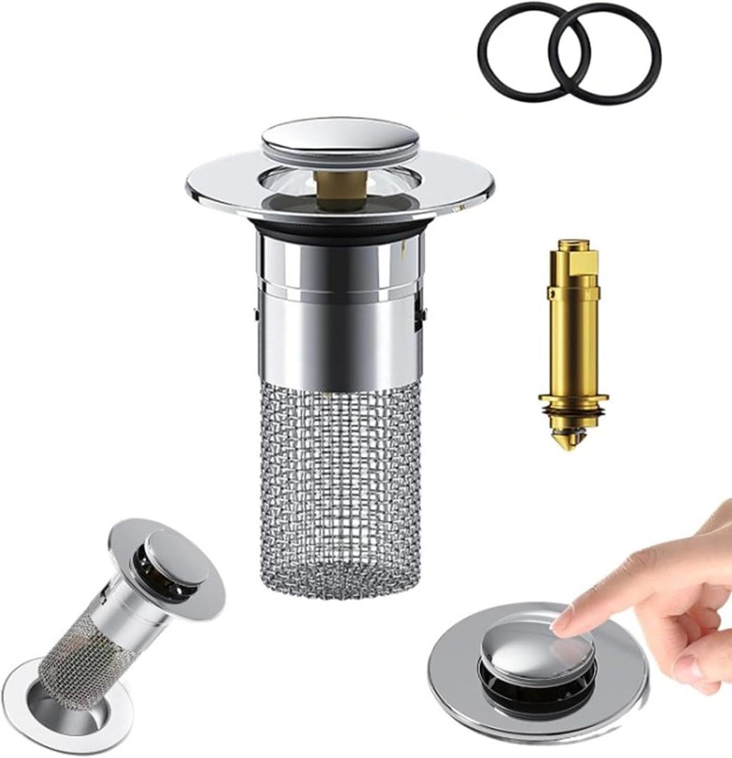 3 x Bathroom Sink Drain Stopper for US Universal Replacement,Pop Up Drain for Bathroom Sink with Stainless Steel Filter Basket Hair Catcher, Sink Drain Strainer for 1.34-1.45 Inch