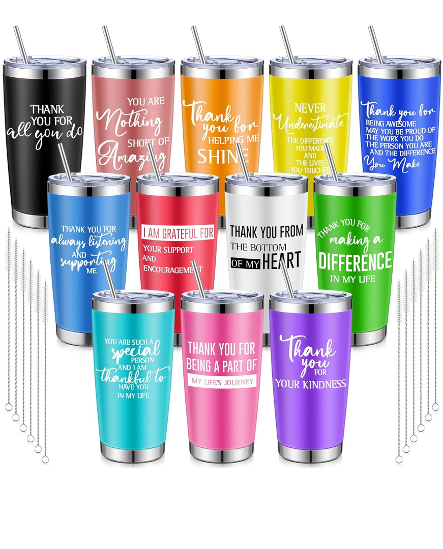 iAOVUEBY 12 Set Employee Appreciation Gifts Bulk, Christmas Gifts for Coworkers Teachers Nurses, 20 OZ Inspirational Stainless Steel Tumbler Makeup Bags Pen Thank You Gift For Women Men Team Staffs