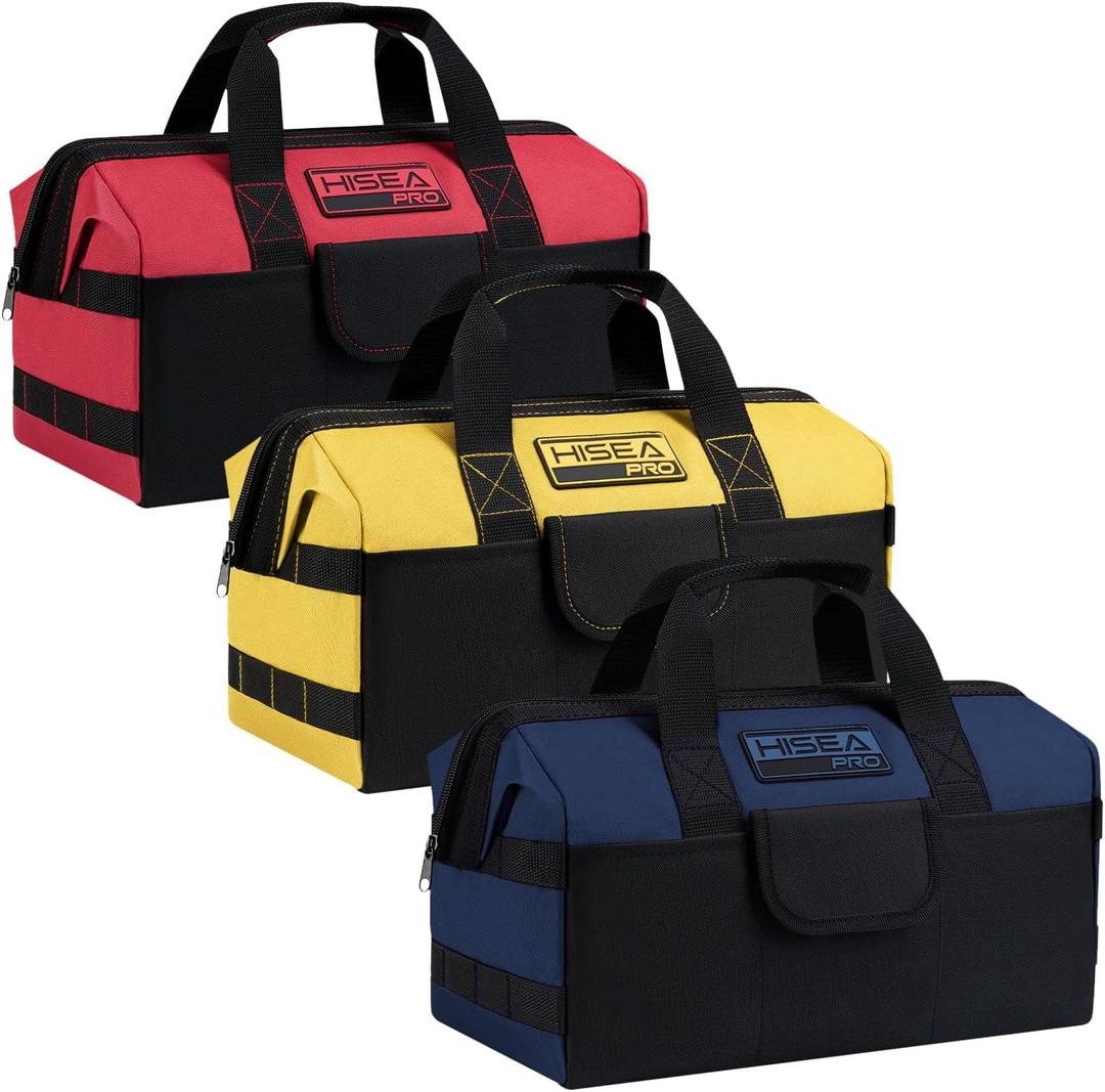 HISEA 3 Pack Heavy Duty Tool Bag with Storage Pockets, 16-Inch Tools Organizer Tote with Wide Base, Waterproof Durable Tool Bags with Zipper for Electrician, Tradesman (Red, Yellow, Blue)