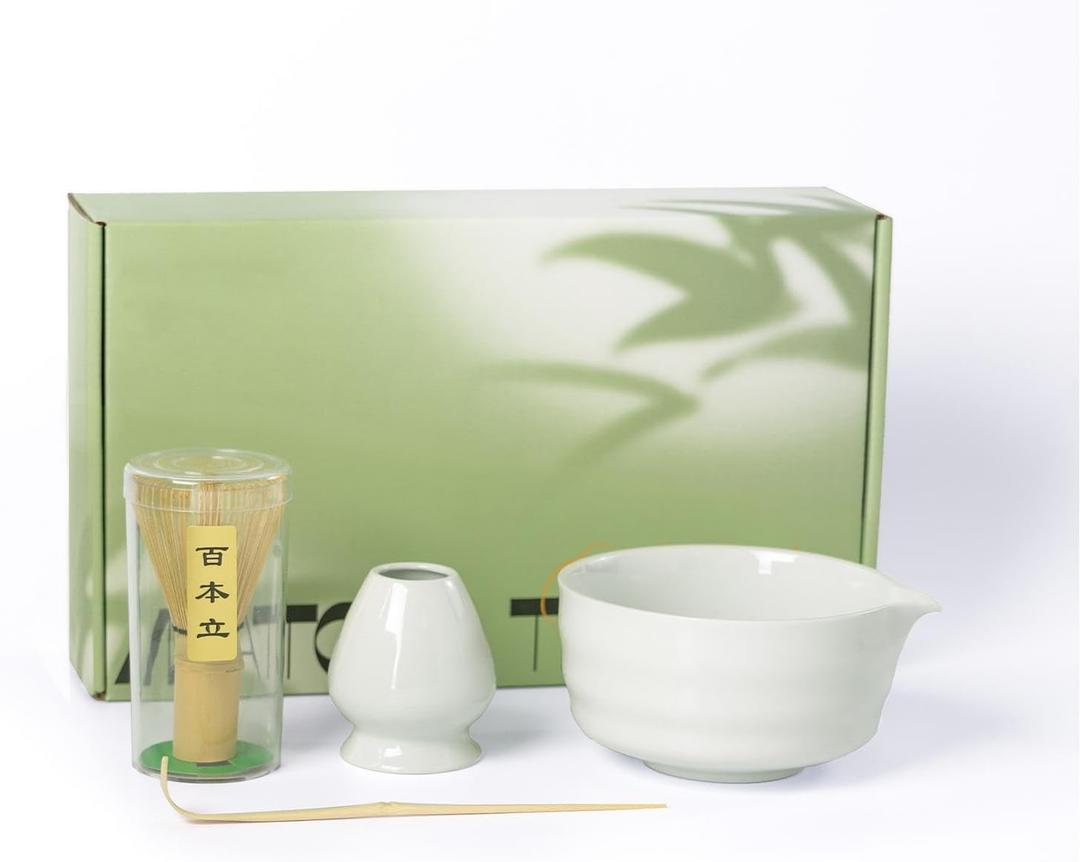 Matcha Whisk Set,Ceramic Matcha Set,with Ceramic Bowl,Bamboo Whisk&Holder,Scoop,Authentic Japanese Matcha,for Matcha Lovers,Gift for Family/Friend(Porcelain white)
