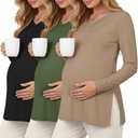 Sweetyweee 3 Pack Women's Thermal Maternity Shirts Fleece Lined Long Sleeve Tops Split Side V Neck Pregnancy Clothes(Sage Green, Burgundy Red, Black,Large)