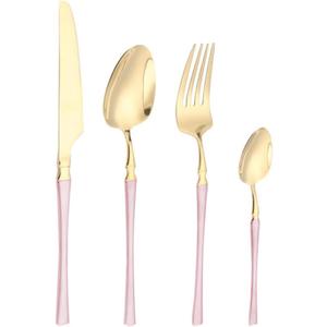 Small Waist Handle Kitchen Stainless Steel Silverware Tableware Flatware Cutlery Set Steak Knife Fork Spoon Teaspoon (Gold pink,4 pieces)