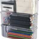 3 Pack Clear Pen Organizer for Desk Drawer, Plastic Home Office Supplies Storage Container for Marker, Crayons, Brushes, Mini Toys, Art Crafts, Pencil Case with Lid