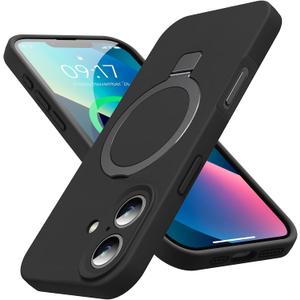 Mag-Ring Designed for iPhone 16 Case, Liquid Silicone [Moisturizing Factor] Extreme Soft Slim Phone Case with Stand [Compatible with MagSafe] for 16 6.1 inch Men Women, Black
