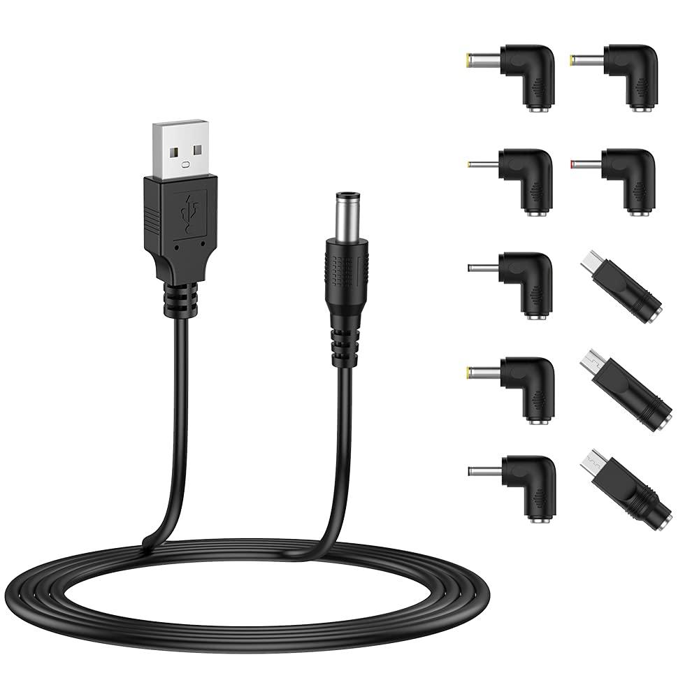 2 x LIANSUM USB to DC 5V Power Cord, Universal DC 5.5x2.1mm Plug Jack Charging Cable with 10 Connector Tips(5.5x2.5, 4.8x1.7, 4.0x1.7, 4.0x1.35, 3.5x1.35, 3.0x1.1, 2.5x0.7, Micro USB, Type-C, Mini USB)5FT