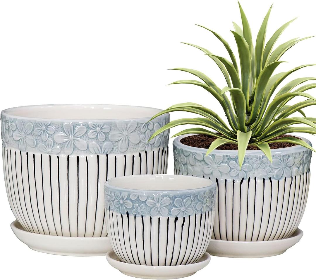 Ton Sin Grey Flower Pots, Texture Planter for Indoor Plants Set of 3 Ceramic Flower Pots with Saucer, Cute Garden Pots Succulent Pots, 6.75/5.6/4.2 Inch, Indoor Outdoor Home Garden Decor, 6.7"+5.5"+4.1"