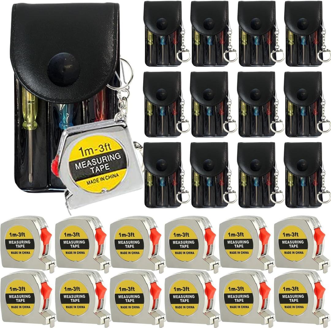 Mini Screwdriver Keychain Tape Measure Keychains Set Retractable Keychain Tape Measure Mini Screwdrivers in Pouch Keychain for Birthday Party Favors and Daily Use, 1 m/ 3 ft (24 Pcs)