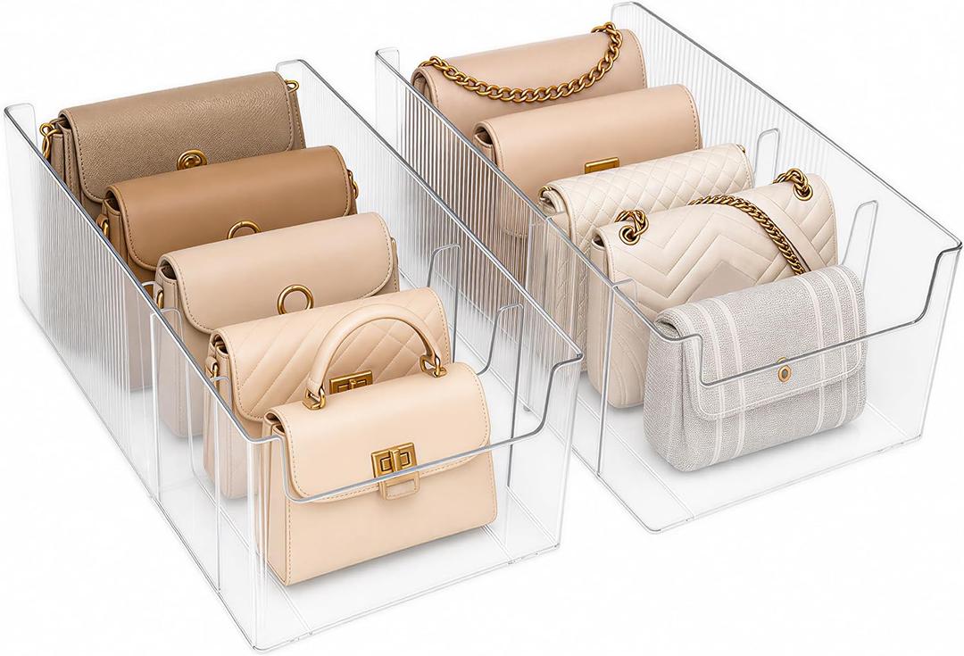 Expandable Acrylic Purse Organizer for Closet 2 Pack, 4 Sections Adjustable Clear Handbag Storage Bag Organizer Holder with Removable Dividers for Shelf, Handbags, Clutch, Wallet