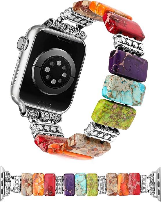 Moolia Natural Stone Bracelet Compatible with Apple Watch Band 5.5 Women, Handmade Elastic Solo Beaded Western Vintage Strap for iWatch Series Small