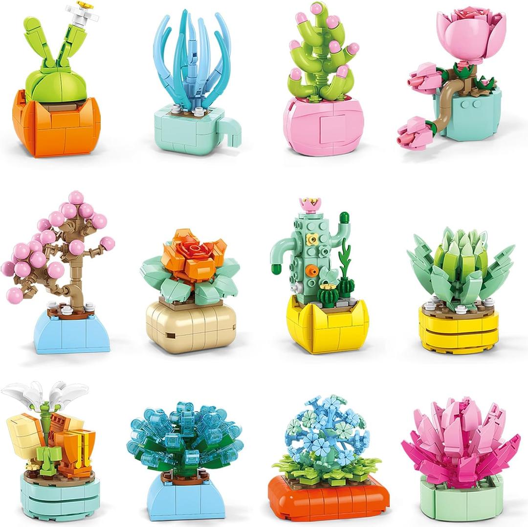 Partylamb 24 Packs Succulents Building Blocks Easter Gifts for Kids School Boys Girls, Artificial Botanical Toy EasterBasket Stuffers Exchange Gifts Classroom Prizes Birthday Party Favor Ages 6+