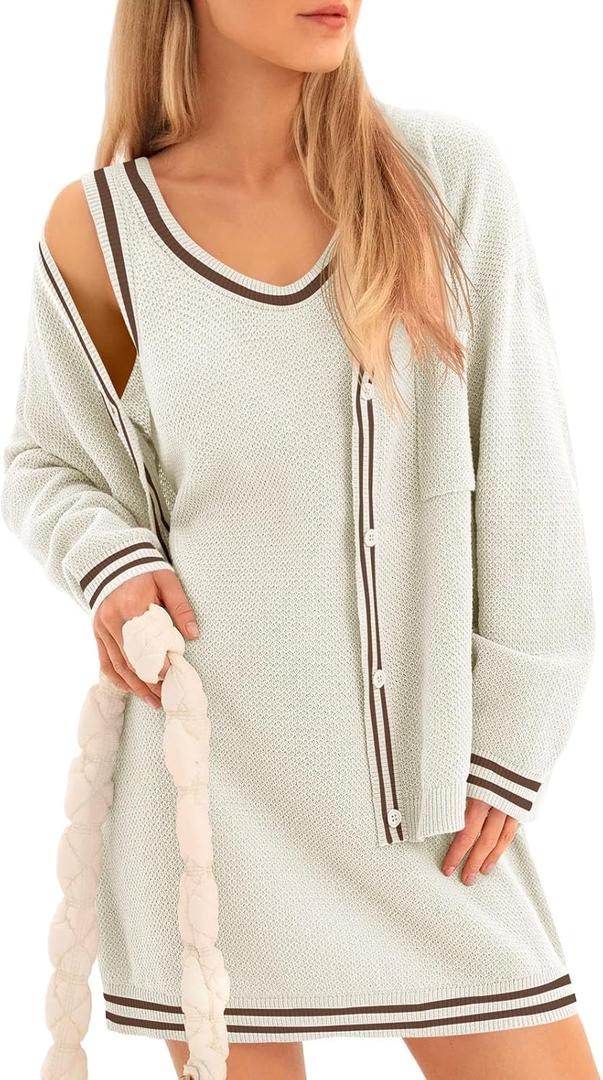 Fisoew Womens 2 Piece Outfits Casual Button Down Cardigan Sleeveless Loose Mini Dress Knit Sweater Sets (White)