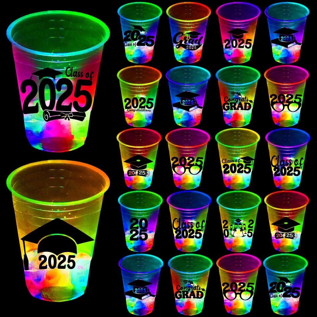 2025 Graduation Party Cups 40 Pack - Glow in The Dark 16oz Plastic Black Gold Cups for Indoor Outdoor Celebrations, Grad Party Supplies & Decorations, Class of 2025 Drinkware with Luminous Design