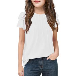 Floral Find Girls Ruffle Short Sleeve Crew Neck Textured Blouses Summer Dressy Tunic Top Cute Shirts, White, 8-9Y (White, L)