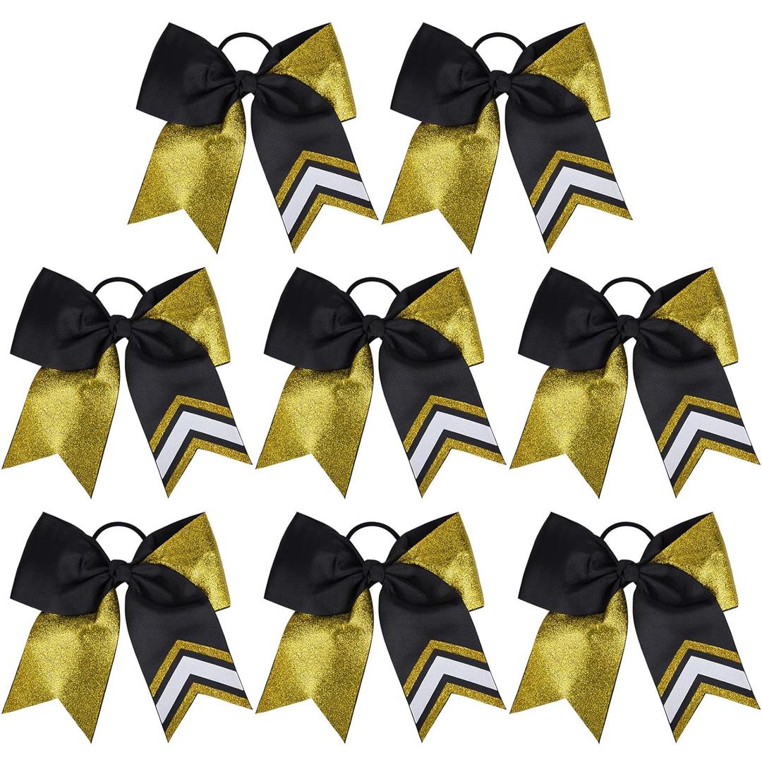 DEEKA 8PCS 8" Two Toned Large Glitter Cheer Bows Shiny Cheer Hair Bows Ponytail Holder Handmade for Cheerleader Girls Softball Sports -g Gold/Black (1 Count (Pack of 8))