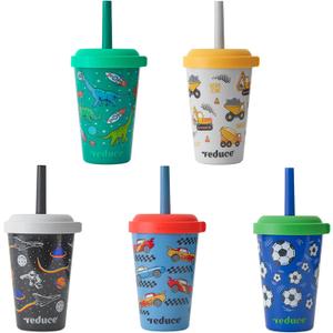 REDUCE GoGo's Kids Portable Tumbler Cups with Lids and Spill-Proof Straws - 5 Pack of Stackable 12 oz Tumblers with Twist-On Lids - Easy Storage, Dishwasher Safe - New Explorer