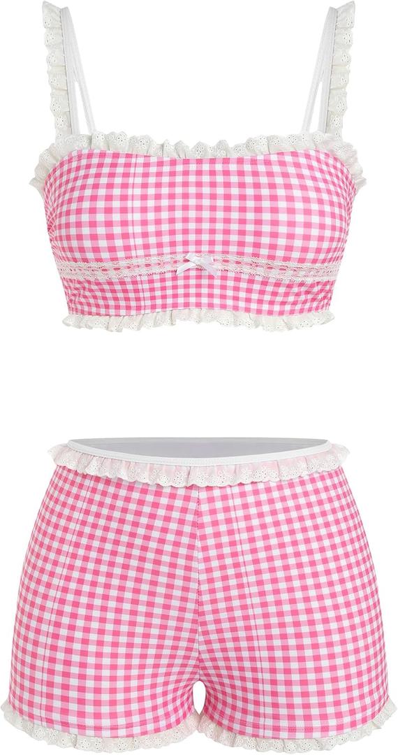 ZAFUL Womens High Waisted Bikini Sets 2 Piece Plaid Ruffle Swimsuits Back Strap Top with High Waisted Shorts Bathing Suit (Pink, M)