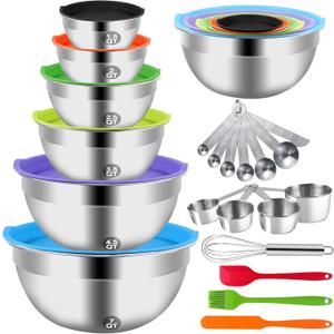 Mixing Bowls with Lid Set, 27PCS Kitchen Utensils Metal Bowl Stainless Steel Nesting Bowls, Measuring Cups and Spoons, Egg Whisk for Baking
