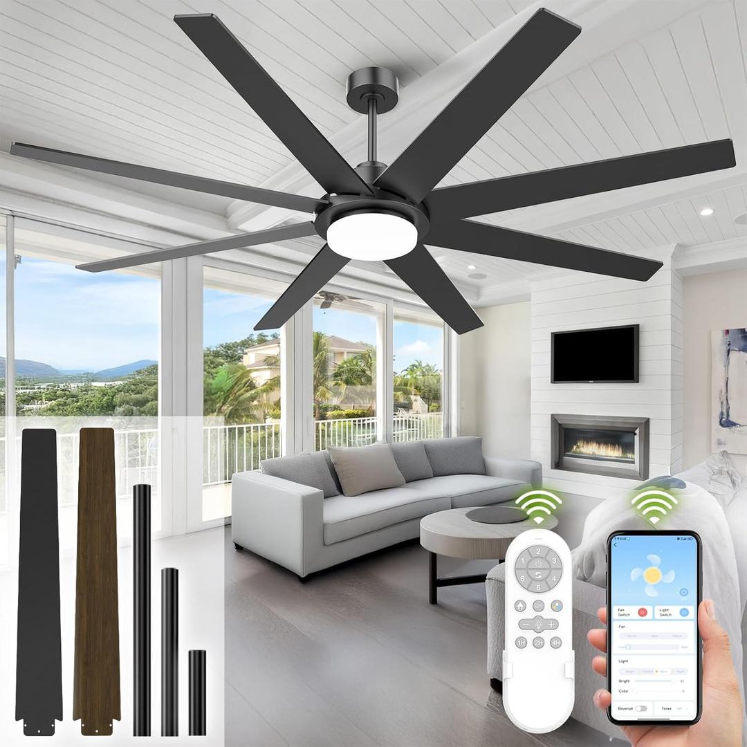 72Inch Ceiling Fans with Lights and Remote APP,Outdoor Indoor Black LED Big Ceiling Fan Reversible 24db Quiet DC Motor,6 Speed 3CCT Dimiable,Modern Ceiling Fans for Patios Living Room Farmhouse Garage (72Inch 8 Blades)