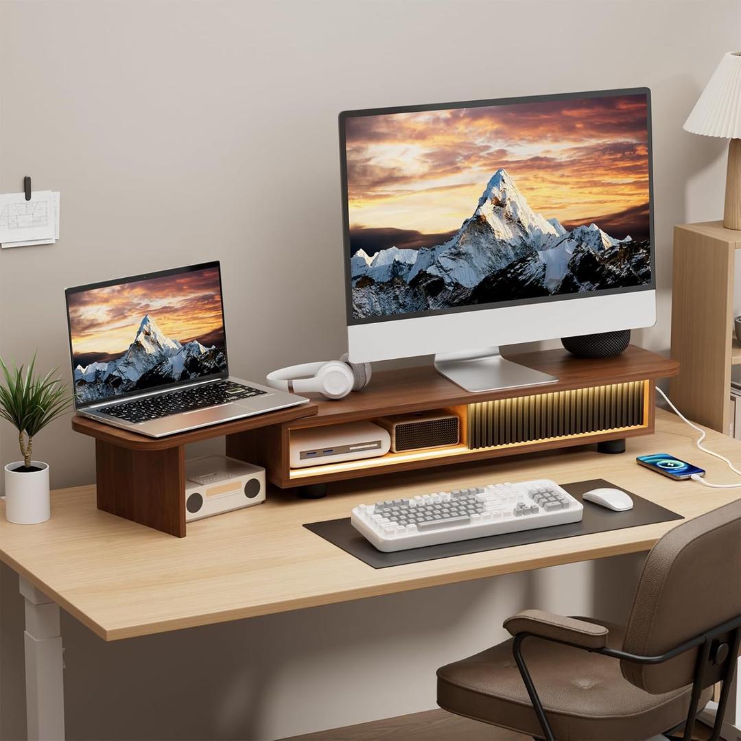 Artswish Dual Monitor Riser with Charging Station & Light, 45 inch Long Computer Monitor Stand with Storage, Desk Shelf for 2 Monitors, Office Monitor Stand for Top of Desk, Walnut Color, Adjustable Angle