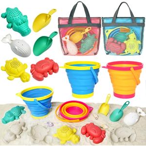 Collapsible Beach Toy for Kids Toddlers, 2 Collapsible Sand Buckets Shovels Set with Mesh Bags and Sand Molds, Foldable Travel Sand Toys for Beach, Sandbox Toys for Kids Age 3-10