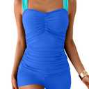 B2prity Women's Tankini Swimsuit Tummy Control Ruched Two Piece Bathing Suit Push Up Modest Swim Suits with Shorts, S