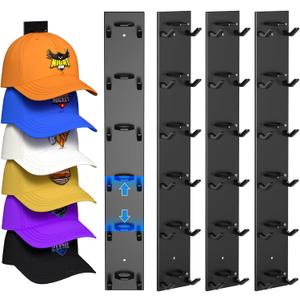 Nunibum Hat Organizer for Baseball Caps 4 Pack, Hat Rack for Wall Hold up to 24 Hats with Strong Adhesive, Multilayer Organizers and Storage Hat Holder Hanger Display for Door Closet and Bedroom (Black)