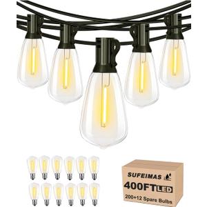 SUFEIMAS Outdoor String Lights Waterproof 400FT (100ft*4) shatterproof Patio Lights for Outside with 212 Vintage dimmable LED Edison Bulbs,Backyard Lights for Fence Garden,Balcony Porch Party Bistro