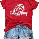 Game Day Shirt Women Cute Football T Shirt Bleached Rugby Ball Graphic Tee Sunday Casual Short Sleeve Tops Bright Red, XL