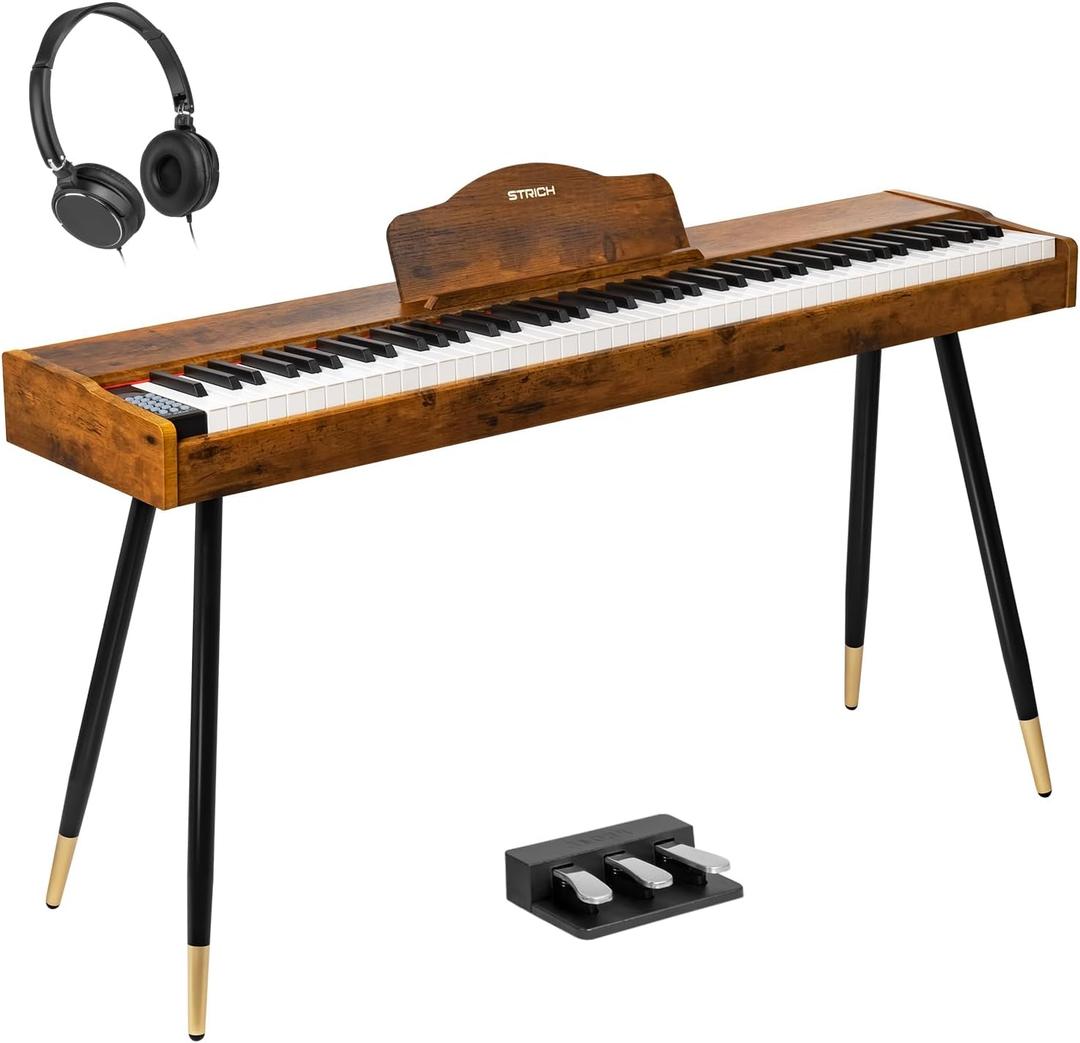 STRICH Digital Piano 88 Keys, Hammer-Action Weighted Keyboard, Full size Electric Piano Keyboard with Stand, 25Wx2 Speakers, Supports USB-MIDI/Wireless Connecting SDP-300S(Furniture Style) (Vintage Brown)