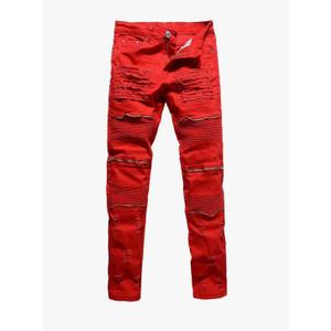 Rexcyril Men's Moto Biker Jeans Distressed Ripped Skinny Slim Fit Denim Pants with Zippers Size 30, Red