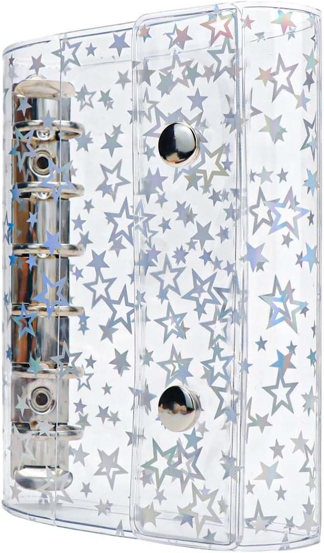 A7 Budget Binder Cover Clear PVC 6 Ring Binder Glitter Star Refillable Notebook Shell Protector with 2 Snaps for Cash Envelopes System Journal Albums Organizer Planner Folder