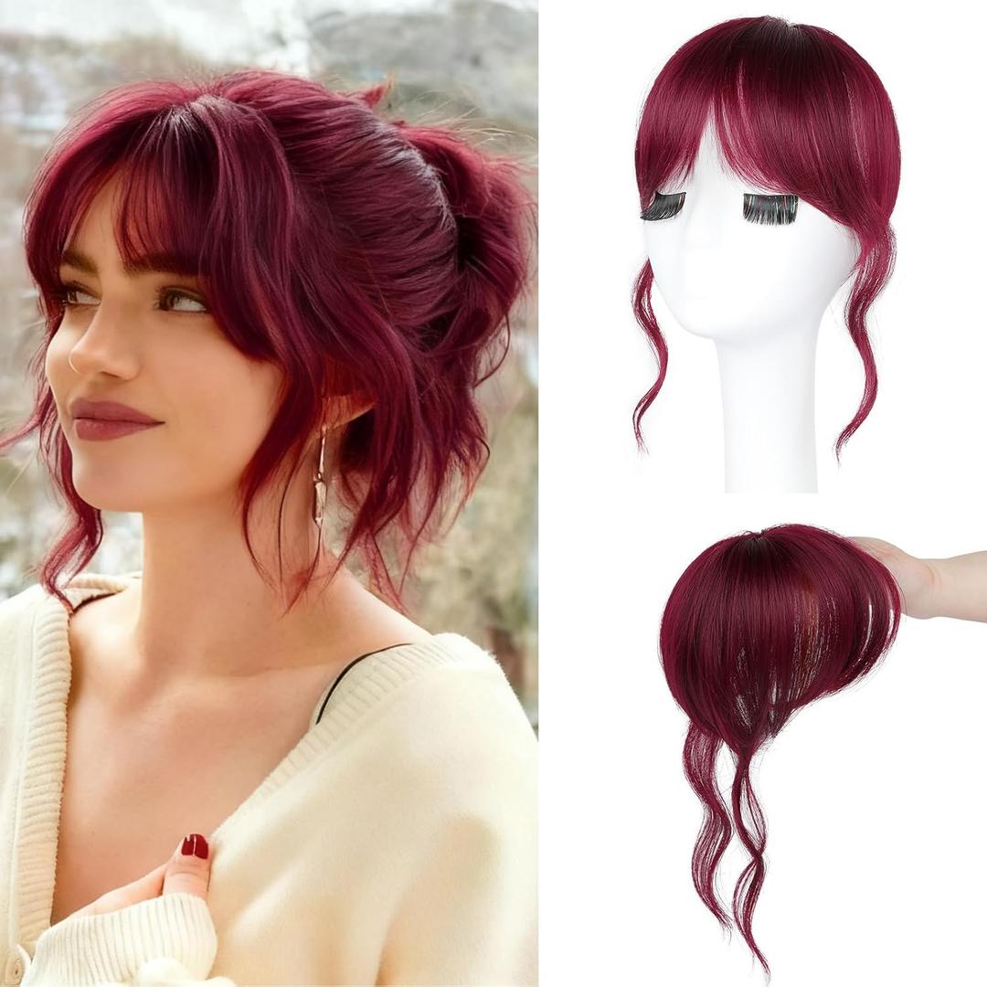 Flufymooz Clip in Bangs,12 Inch French Bang Fringe with Temples Hairpieces for Women Daily Wear-Burgundy