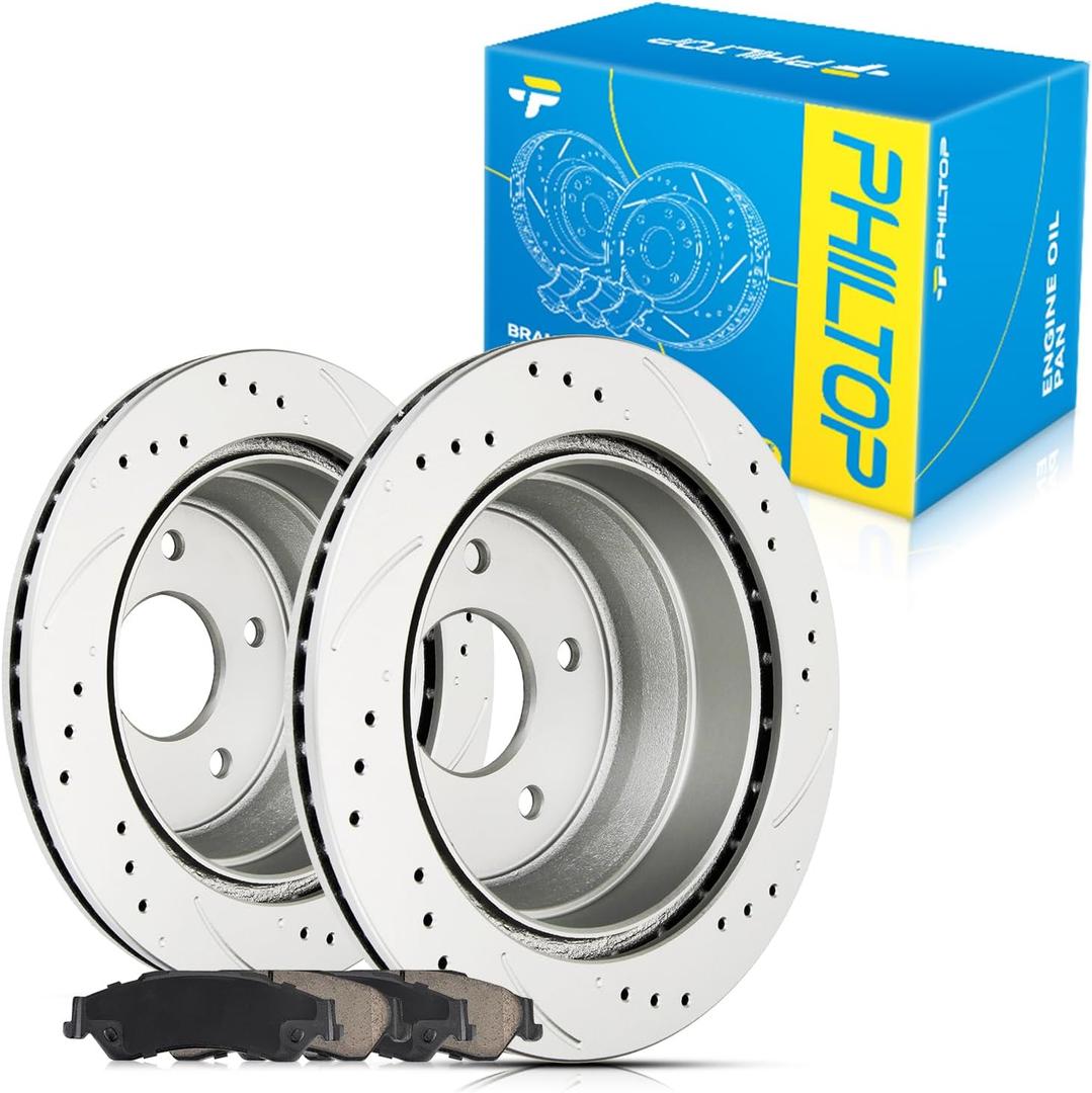 PHILTOP 11.6 inch(295 mm) Rear Drilled and Slotted Disc Brake Rotors + Ceramic Pads Kit Compatible with S10, Blazer, Sonoma, Jimmy, Bravada, Hombre, 6-PC Set